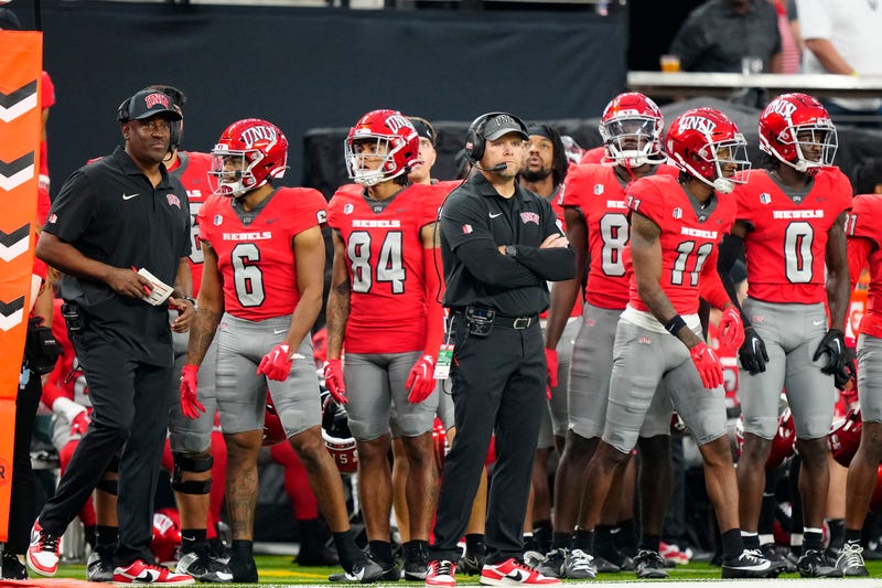 Head coach Barry Odom of the UNLV Rebels looks on in the first half of a game against the Hawaii Warriors at Allegiant Stadium on September 30, 2023