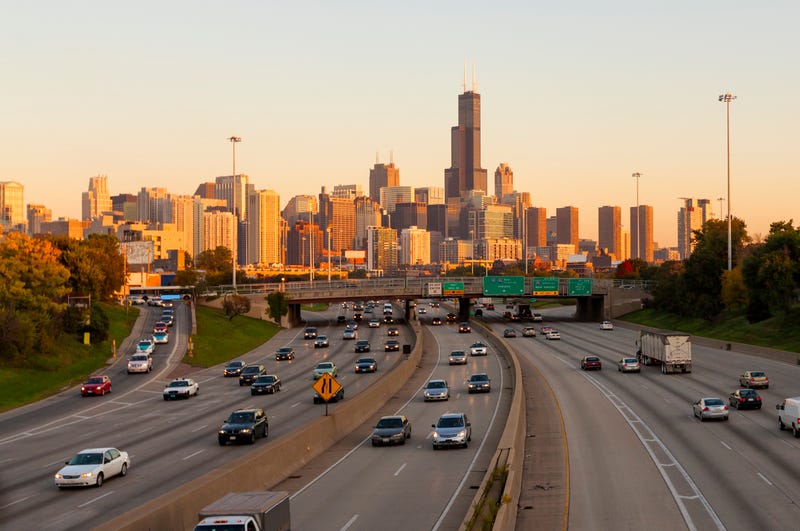 Traffic on the Kennedy Expressway in Chicago at sunset
