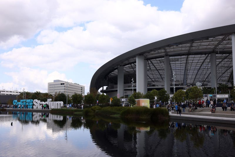  A exterior view at SoFi Stadium prior to a game between the Las Vegas Raiders and Los Angeles Chargers on October 01, 2023 in Inglewood, California. 
