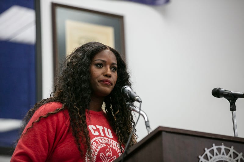 Chicago Teachers Union President Stacy Davis Gates speaks at a rally in support of the labor union strike at the UAW Local 551 hall on Oct. 7, 2023, in Chicago.
