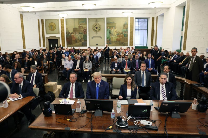 Donald Trump (3R) appears in the courtroom with his lawyers for the start of his civil fraud trial at New York State Supreme Court on Oct. 2, 2023