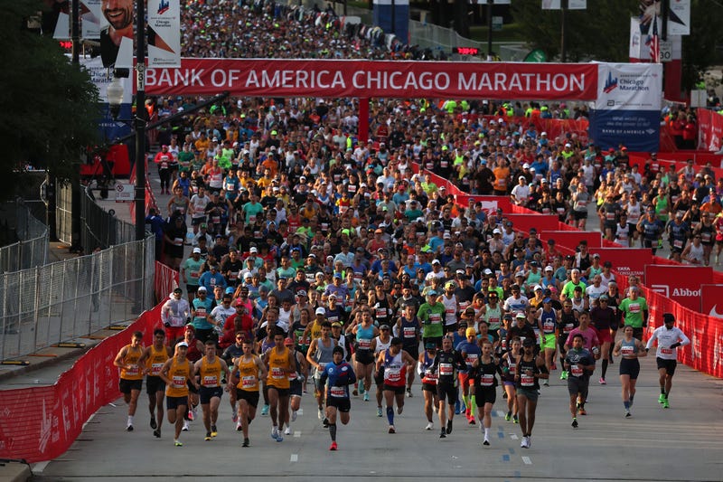 Thousands of runners head north on Columbus Avenue in Grant Park to start the Chicago Marathon on Sunday, Oct. 8, 2023.