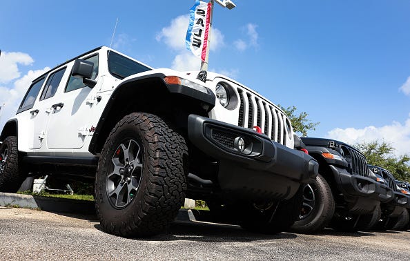 New Jeep vehicles sit on a Dodge Chrysler-Jeep Ram dealership's lot in Miami, Florida. 