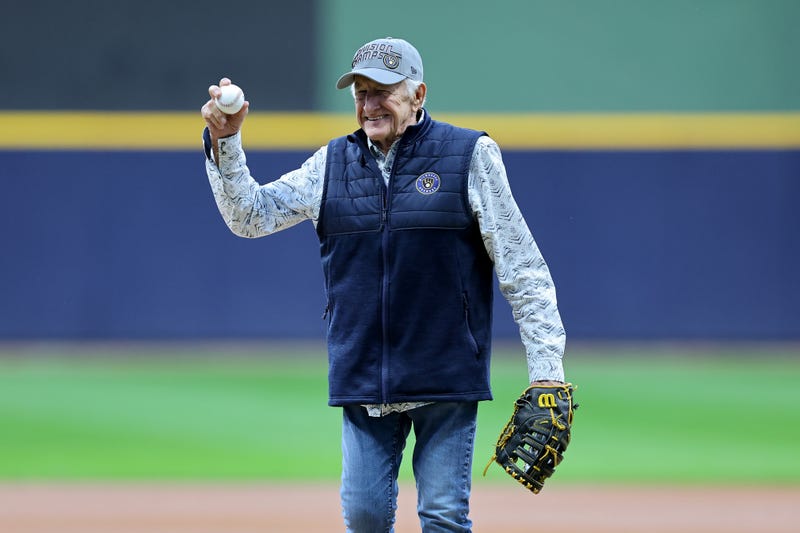 Milwaukee Brewers radio announcer Bob Uecker throws a ceremonial first pitch before Game One of the Wild Card Series between the Arizona Diamondbacks and the Milwaukee Brewers at American Family Field on October 03, 2023 in Milwaukee, Wisconsin. 