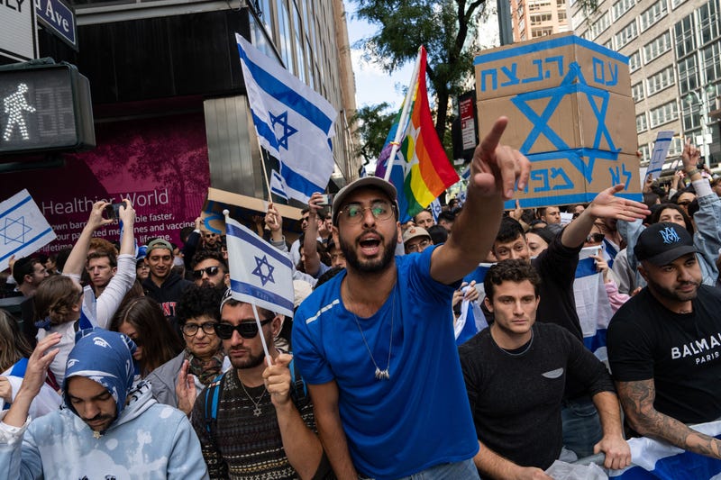 Demonstrators in supporter of Israel protest near the Consulate General of Israel in New York on October 9, 2023. Israel imposed a total siege on the Gaza Strip Monday and cut off the water supply as it kept bombing targets in the crowded Palestinian enclave in response to the Hamas surprise assault it has likened to the 9/11 attacks.
