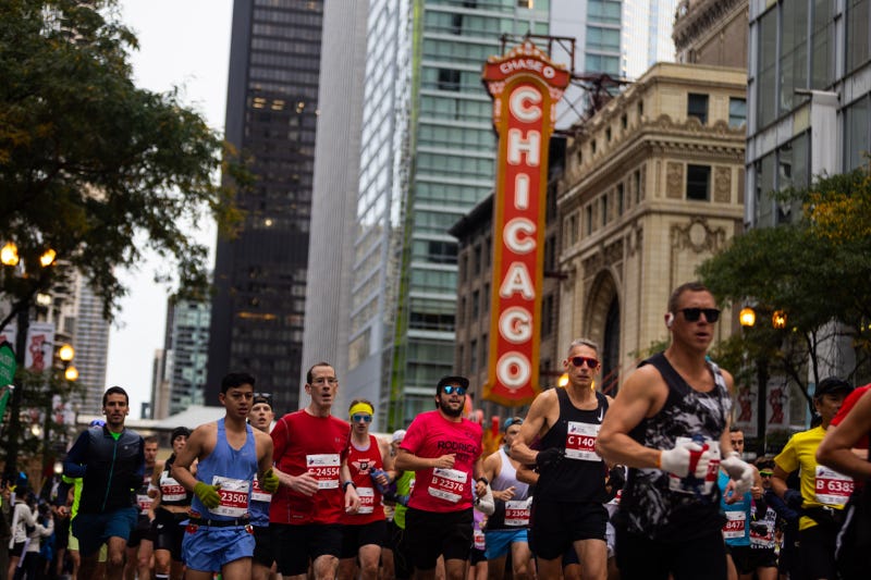 Runners compete during the Chicago Marathon in downtown Chicago on Oct. 8, 2023. Kenya's 23-year-old Kelvin Kiptum won Sunday's Chicago Marathon in a world-record time of two hours and 35 seconds.