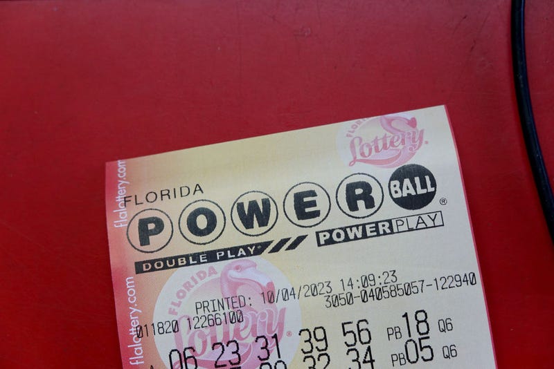 A Powerball ticket is seen on a counter after being purchased in a store on October 04, 2023 in Miami, Florida.
