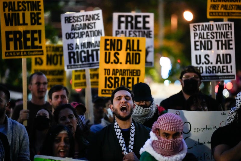 Hundreds of protestors rally in support of Palestinians in the Gaza Strip, in downtown Washington, DC October 13, 2023. Across the country and around the world, people are holding rallies and vigils for both Palestinians and Israelis following a surprise attack by Hamas on Israeli civilians on October 7.