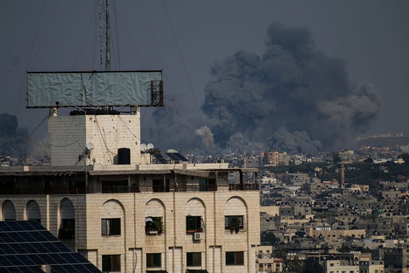 Smoke rises from the Israeli raids on October 8, 2023 in Gaza City, Gaza. 