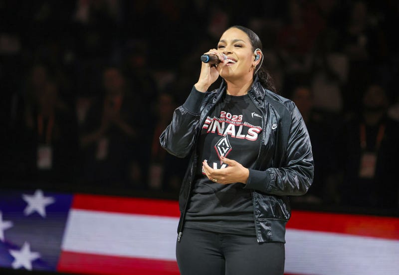 Jordin Sparks sings the United States national anthem before Game One of the 2023 WNBA Playoffs finals between the New York Liberty and the Las Vegas Aces at Michelob ULTRA Arena on October 08, 2023 in Las Vegas, Nevada. 