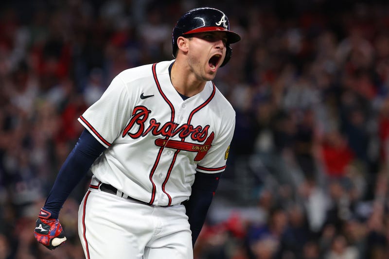  Austin Riley #27 of the Atlanta Braves rounds the bases after hitting a two-run home run in the eighth inning against the Philadelphia Phillies during Game Two of the Division Series