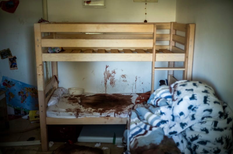 A blood stain on a bed after Hamas' Oct. 7 terror attack in the kibbutz Nir Oz. This photo was taken Oct. 19, 2023.