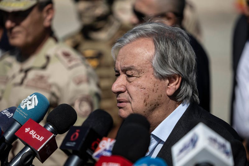 Antonio Guterres Secretary-General of the United Nations speaks during a press conference in front of the Rafah border crossing on October 20, 2023 in North Sinai, Egypt. The aid convoy, organized by a group of Egyptian NGOs, set off Saturday 14th October from Cairo for the Gaza-Egypt border crossing at Rafah. On October 7th, the Palestinian militant group Hamas launched a surprise attack on border communities in southern Israel, spurring the most violent flare-up of the Israel-Palestine conflict in decades. Israel launched a vast bombing campaign in retaliation and has warned of an imminent ground invasion. (Photo by Mahmoud Khaled/Getty Images)