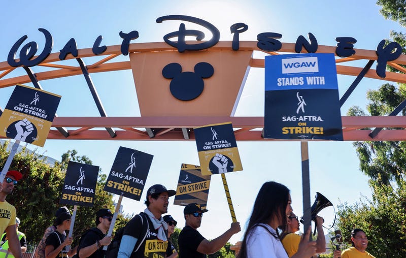 Striking SAG-AFTRA members and supporters picket outside Disney Studios on day 95 of their strike against the Hollywood studios on October 16, 2023 in Burbank, California.