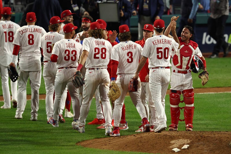 The Philadelphia Phillies celebrate a 10-0 win over the Arizona Diamondbacks in Game Two of the Championship Series at Citizens Bank Park on Tuesday.