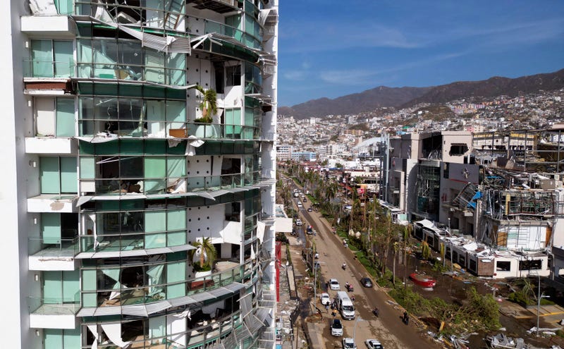 View of a building partially destroyed after the passage of Hurricane Otis in Acapulco