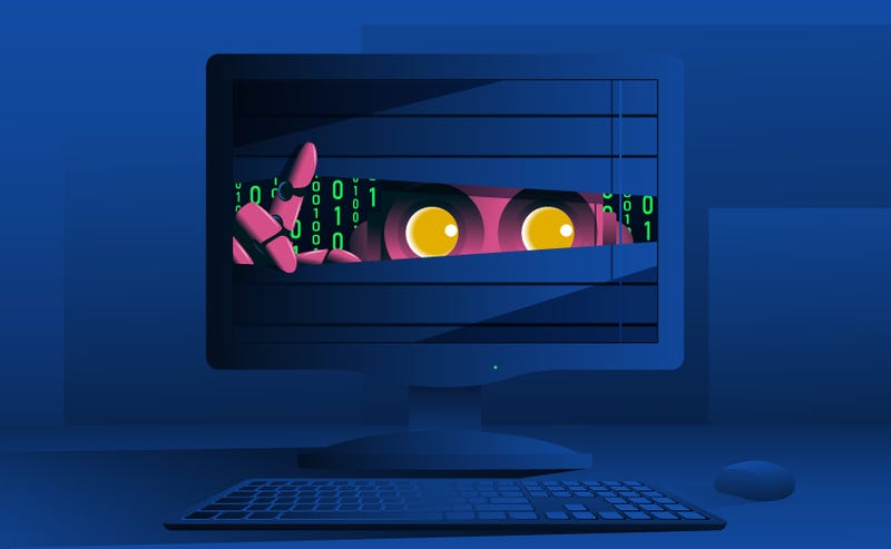 Robot peeping from computer monitor vector illustration