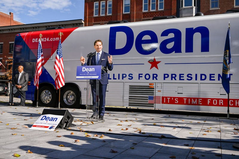 U.S. Rep. Dean Phillips (D-MN)(R) holds a rally outside of the N.H. Statehouse after handing over his declaration of candidacy form for President to the New Hampshire Secretary of State David Scanlan, on October 27, 2023 in Concord, New Hampshire. 