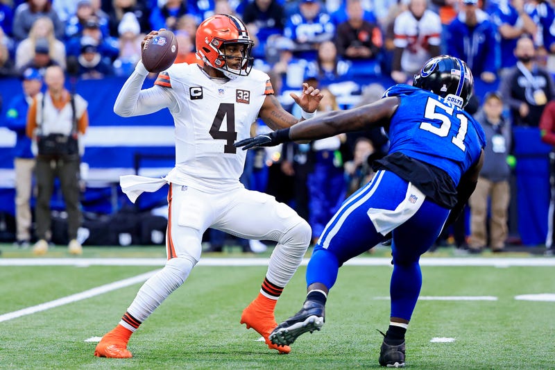 Deshaun Watson #4 of the Cleveland Browns scrambles during the first quarter against Kwity Paye #51 of the Indianapolis Colts at Lucas Oil Stadium on October 22, 2023 in Indianapolis, Indiana.