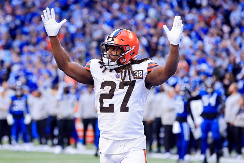 Kareem Hunt #27 of the Cleveland Browns reacts after scoring a touchdown during the fourth quarter against the Indianapolis Colts at Lucas Oil Stadium on October 22, 2023 in Indianapolis, Indiana. 