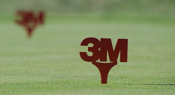The 3M logo sits on the tee box of the 3rd hole during the second round of the 3M Championship at TPC Twin Cities on August 3, 2013 in Blaine, Minnesota. 