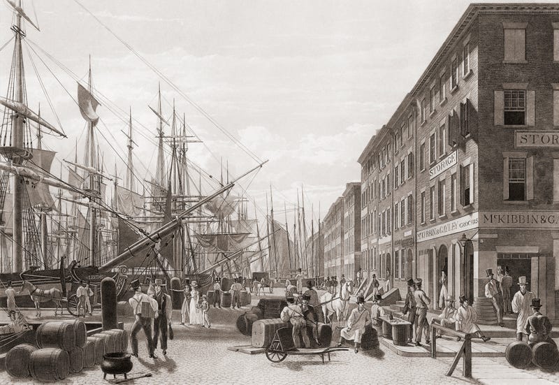 South Street, as seen from from Maiden Lane, in the early 19th century. The city and its environs were a hub of activity, home to various European colonists, enslaved Africans and Native Americans