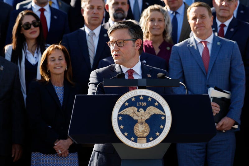 Newly elected U.S. Speaker of the House Mike Johnson (R-LA) delivers remarks with fellow Republicans on the East Front steps of the House of Representatives at the U.S. Capitol on October 25, 2023 in Washington, DC. 