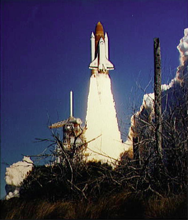The Space Shuttle Challenger lifts off January 28, 1986 from Kennedy Space Center, Florida.