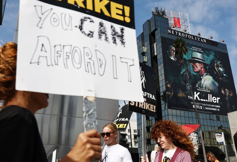 SAG-AFTRA members and supporters picket outside Netflix studios on day 106 of their strike against the Hollywood studios on October 27, 2023 in Los Angeles, California.