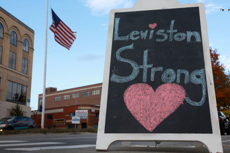 A Lewiston Strong sign is seen after two mass shootings on October 27, 2023 in Lewiston, Maine. 