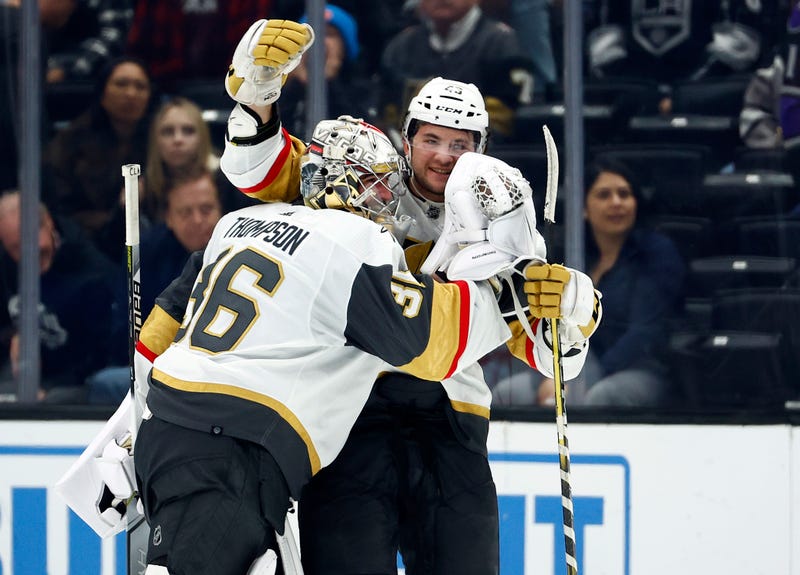  Logan Thompson #36 of the Vegas Golden Knights and Paul Cotter #43 of the Vegas Golden Knights celebrate a win against the Los Angeles Kings in a shootout at Crypto.com Arena 