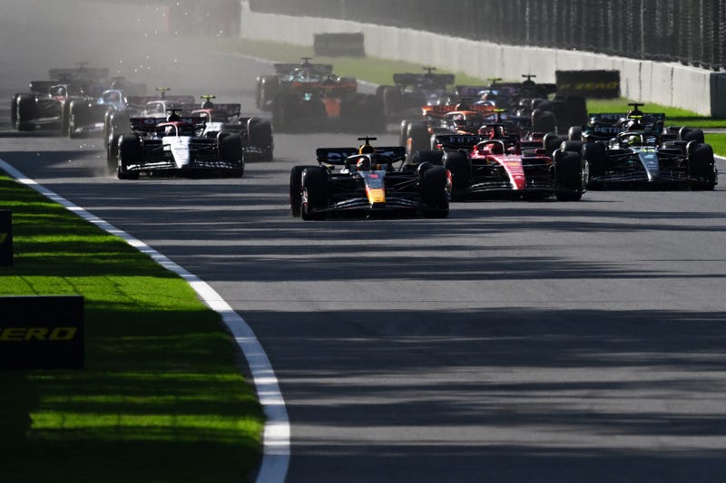 Max Verstappen of the Netherlands driving the (1) Oracle Red Bull Racing RB19 leads the field at the restart after a red flag delay during the F1 Grand Prix of Mexico at Autodromo Hermanos Rodriguez on October 29, 2023 in Mexico City, Mexico.