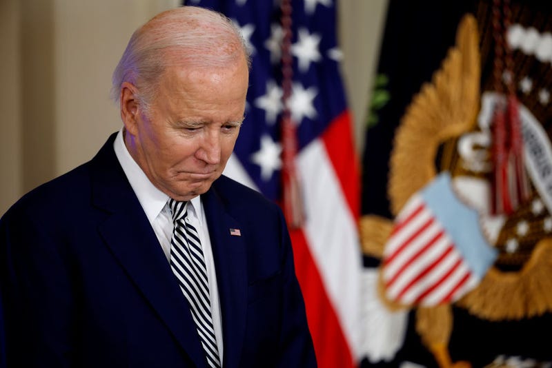 U.S. President Joe Biden listens as Vice President Kamala Harris introduces him during an event about his administration's approach to artificial intelligence in the East Room of the White House on October 30, 2023 in Washington, DC. 