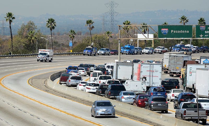 Traffic on the Foothill (210) Freeway traveling East in Irwindale, California.