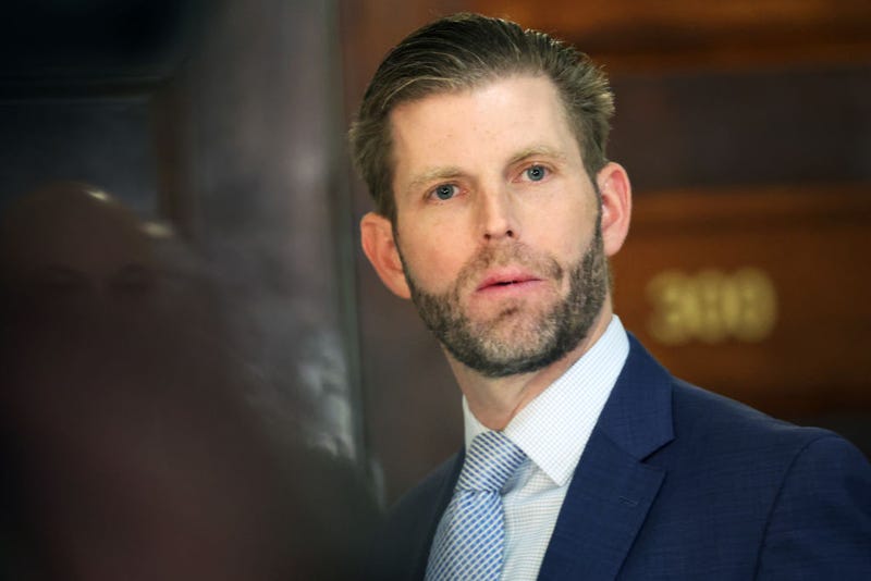 Eric Trump, executive vice president of Trump Organization Inc., speaks to the media as he leaves former President Donald Trump's civil fraud trial where he testified at New York State Supreme Court on November 03, 2023 in New York City.