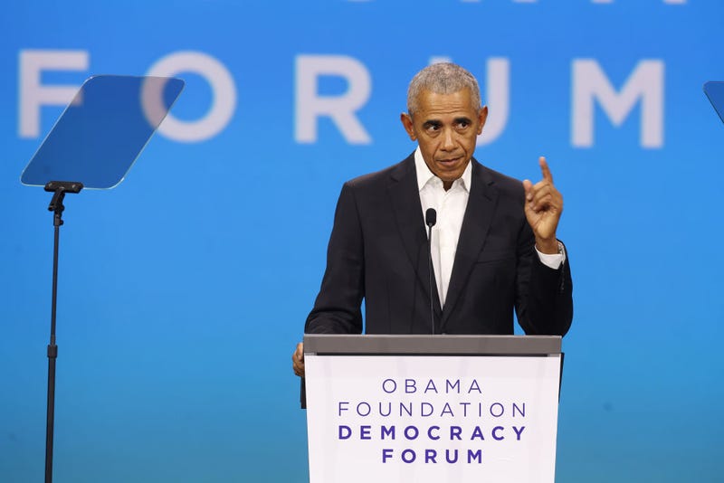 Former President Barack Obama speaks to attendees at the Obama Foundation Democracy Forum on November 03, 2023 in Chicago, Illinois.