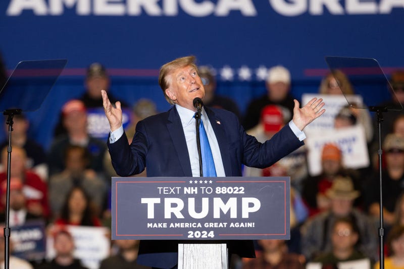 Republican presidential candidate former President Donald Trump delivers remarks during a campaign event on November 11, 2023 in Claremont, New Hampshire. 