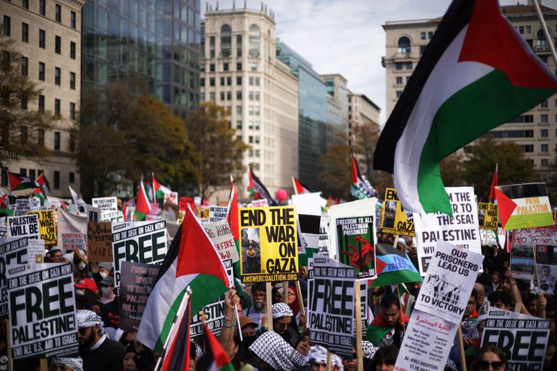 Protesters gather at the Freedom Plaza during the National March on Washington for Palestine while calling for a ceasefire between Israel and Hamas on November 4, 2023 in Washington, DC. 