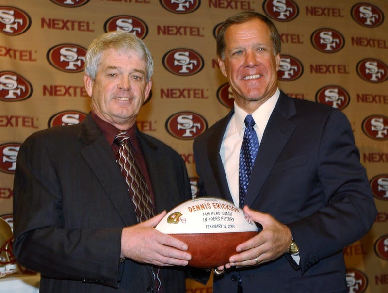 San Francisco 49er head coach Dennis Erickson and general manager Terry Donahue pose for photographers after a press conference on February 12, 2003 at the Four Seasons Hotel in San Francisco, California. 