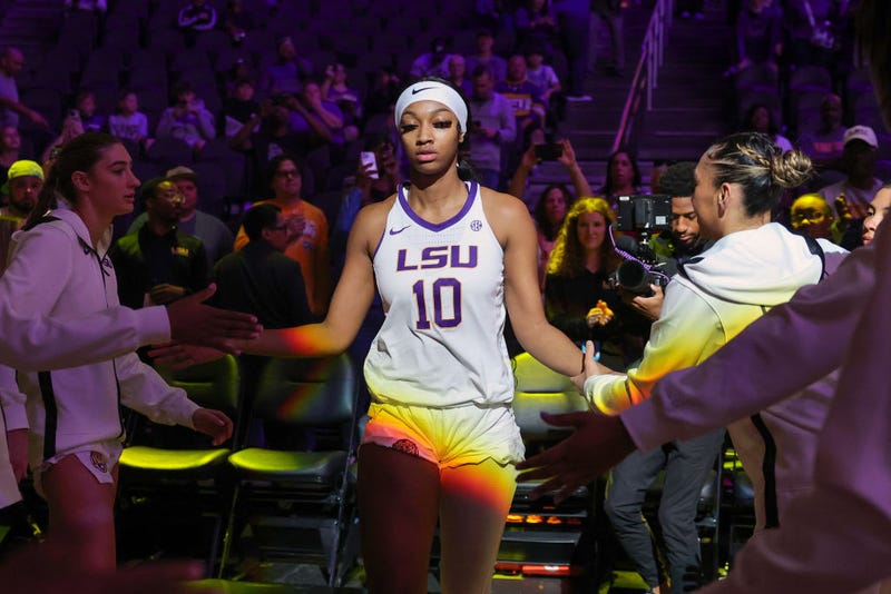  Angel Reese #10 of the LSU Lady Tigers is introduced before a game against the Colorado Buffaloes during the Naismith Basketball Hall of Fame Series at T-Mobile Arena on November 06, 2023 in Las Vegas, Nevada. The Buffaloes defeated the Lady Tigers 92-78. (Photo by Ethan Miller/Getty Images)