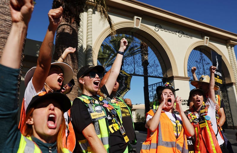 SAG-AFTRA members chant outside Paramount Studios on day 118 of their strike against the Hollywood studios on November 8, 2023 in Los Angeles, California. 