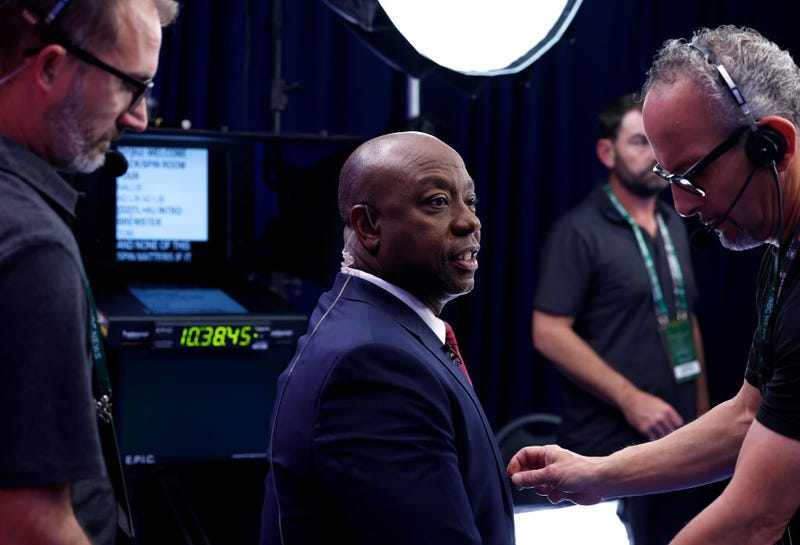 Republican presidential candidate U.S. Sen. Tim Scott (R-SC) sits for an interview in the spin room following the NBC News Republican Presidential Primary Debate at the Adrienne Arsht Center for the Performing Arts of Miami-Dade County on November 8, 2023 in Miami, Florida.