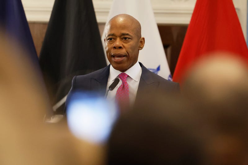 Mayor Eric Adams speaks at Gracie Mansion last month