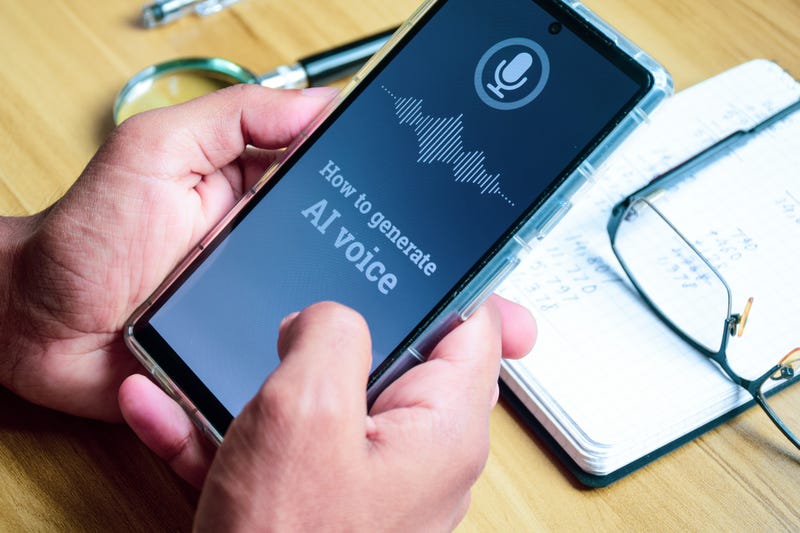 Close up of a man's hand holding his smartphone screen showing a message how to generate AI voice. Selective focus, generative artificial intelligence concept.