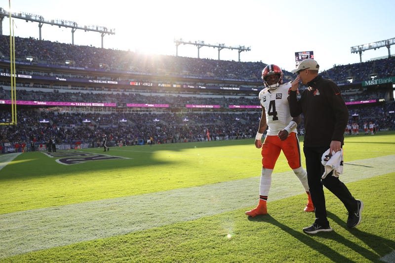 Deshaun Watson #4 of the Cleveland Browns on the sideline during the game against the Baltimore Ravens at M&T Bank Stadium on November 12, 2023 in Baltimore, Maryland.