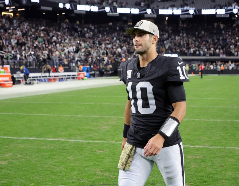  Quarterback Jimmy Garoppolo #10 leaves the field after the Raiders' 16-12 victory over the New York Jets at Allegiant Stadium on November 12, 2023 in Las Vegas, Nevada. 