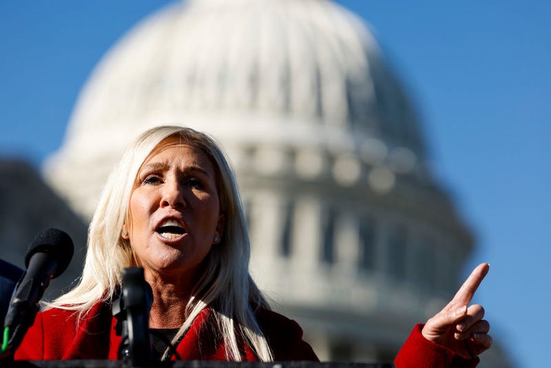 U.S. Rep. Marjorie Taylor Greene (R-GA) speaks alongside U.S. Rep. Tony Gonzales (R-TX) at a news conference on border security outside of the U.S. Capitol Building on November 14, 2023 in Washington, DC. The House Republicans spoke to reporters about the tabled impeachment motion for U.S. Homeland Security Secretary Alejandro Mayorkas and the southern border. (Photo by Anna Moneymaker/Getty Images)