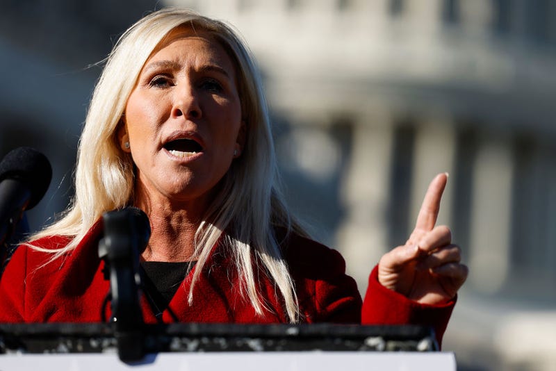 U.S. Rep. Marjorie Taylor Greene (R-GA) speaks alongside U.S. Rep. Tony Gonzales (R-TX) at a news conference on border security outside of the U.S. Capitol Building on November 14, 2023 in Washington, DC.