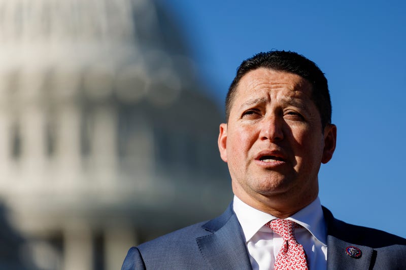 WASHINGTON, DC - NOVEMBER 14: U.S. Rep. Tony Gonzales (R-TX) speaks alongside U.S. Rep. Marjorie Taylor Greene (R-GA) at a news conference on border security outside of the U.S. Capitol Building on November 14, 2023 in Washington, DC. The House Republicans spoke to reporters about the tabled impeachment motion for U.S. Homeland Security Secretary Alejandro Mayorkas and the southern border. (Photo by Anna Moneymaker/Getty Images)