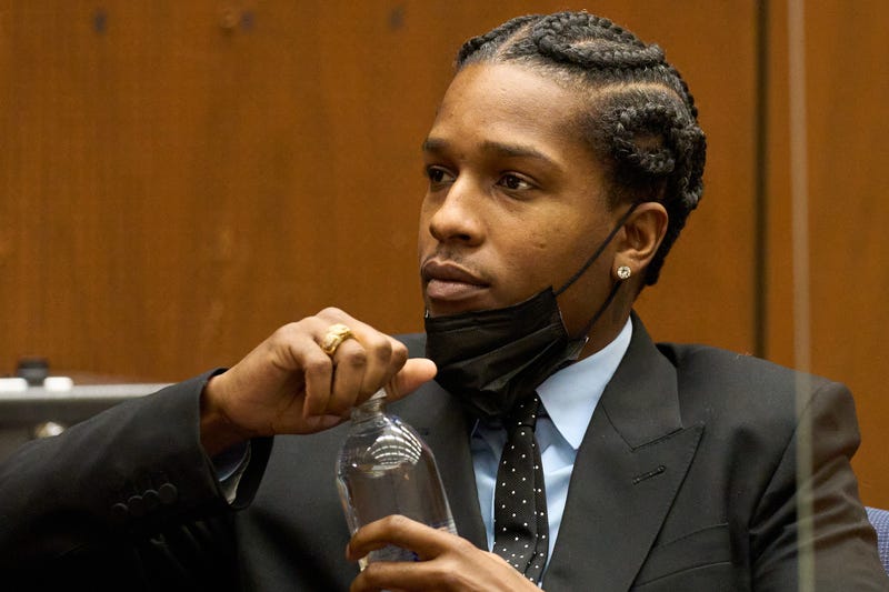 Rapper A$AP Rocky, drinks water at a preliminary hearing in his assault with a semi-automatic firearm case at the Clara Shortridge Foltz Criminal Justice Center on November 20, 2023 in Los Angeles, California.